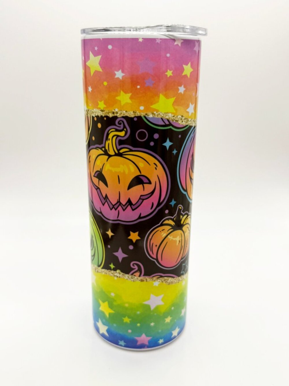 Rainbow Pumpkin Jackolantern Halloween Spooky Black Cup Skinny Tumbler 20oz